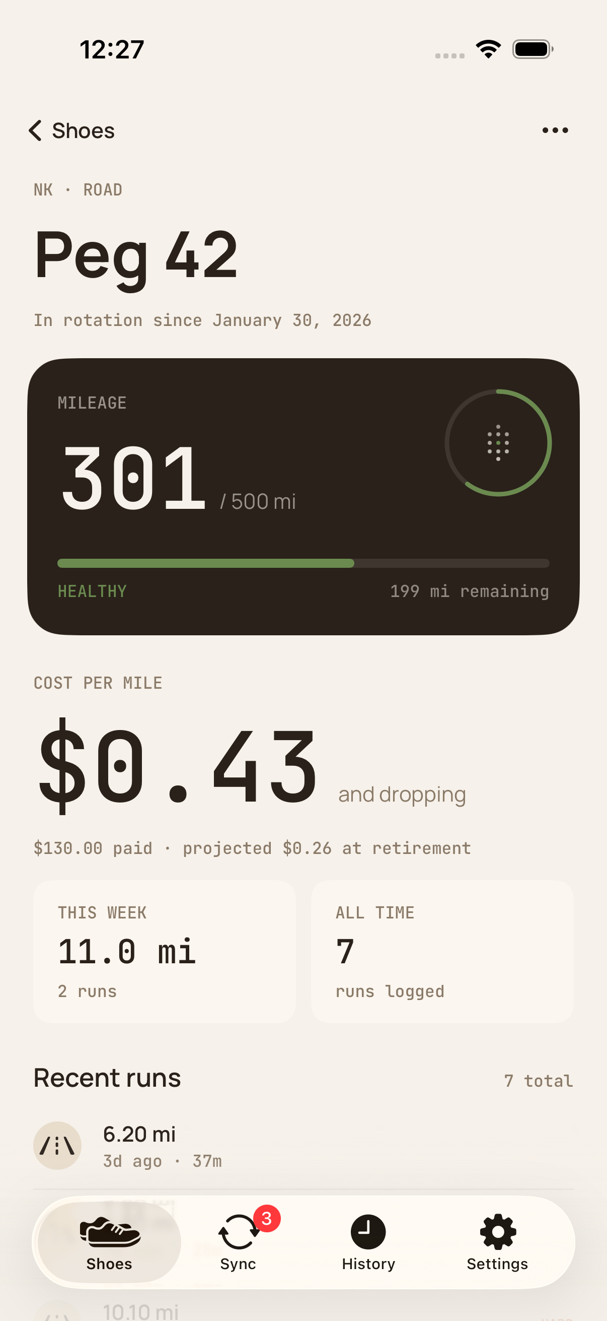 Soledger shoe detail with cost per mile