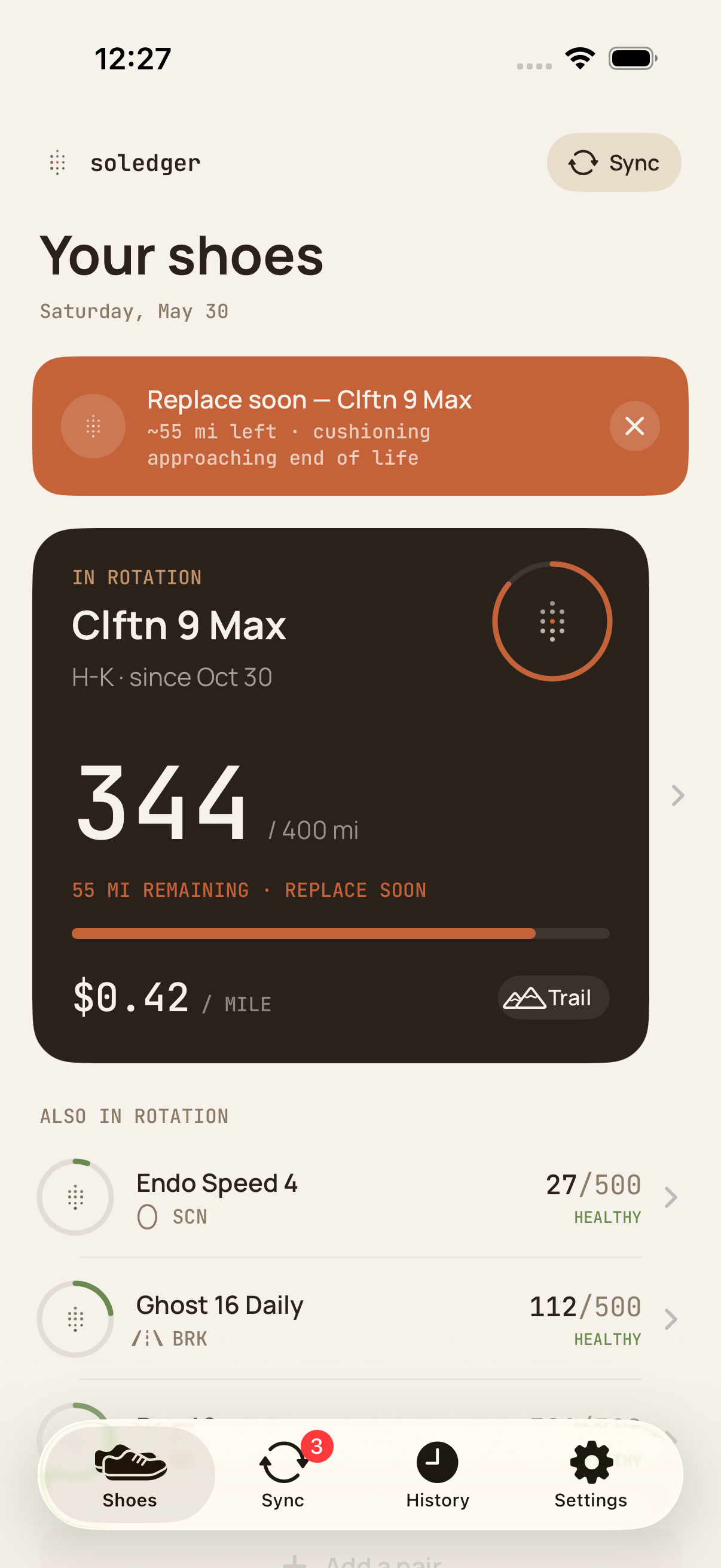 Soledger shoe list screen